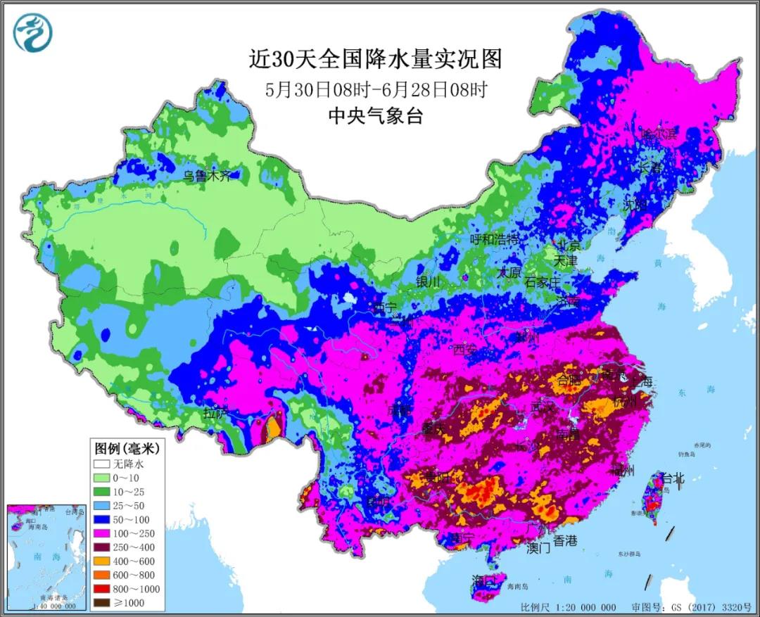 ▲圖為近30天全國降水實(shí)況圖。來源：中央氣象臺(tái)