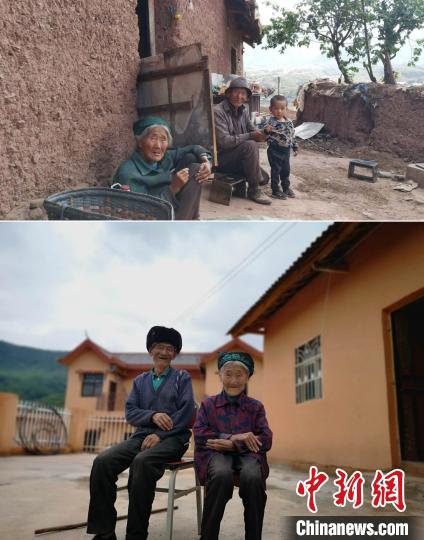 上圖為甲甲溝村村民羅木你坡夫婦所住的舊房，下圖為夫婦倆遷入的新居。(拼版圖) 張浪 攝